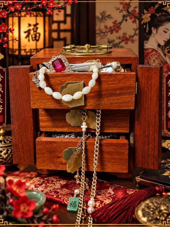 Vintage Jewelry - 1950s ORIGINALChinese wood & brass-accented jewelry box or Tabletop Dresser